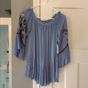 Blue and Floral Off the Shoulder Top